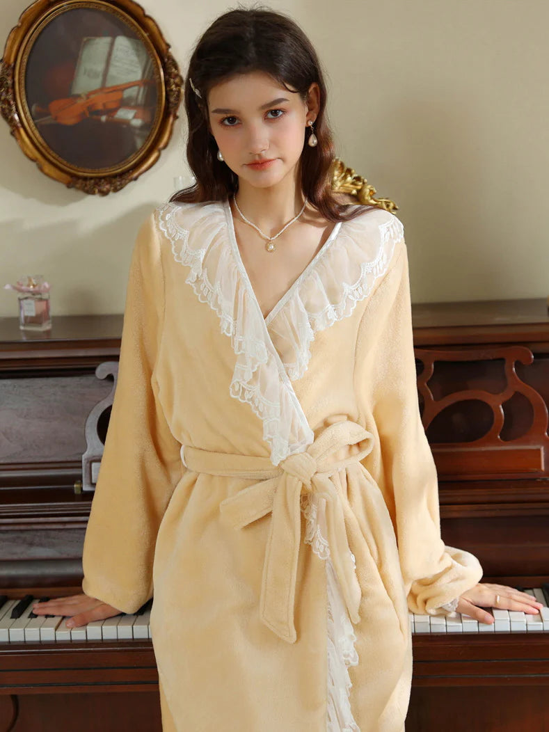 Velvet Lace-Trim Wrap Robe
