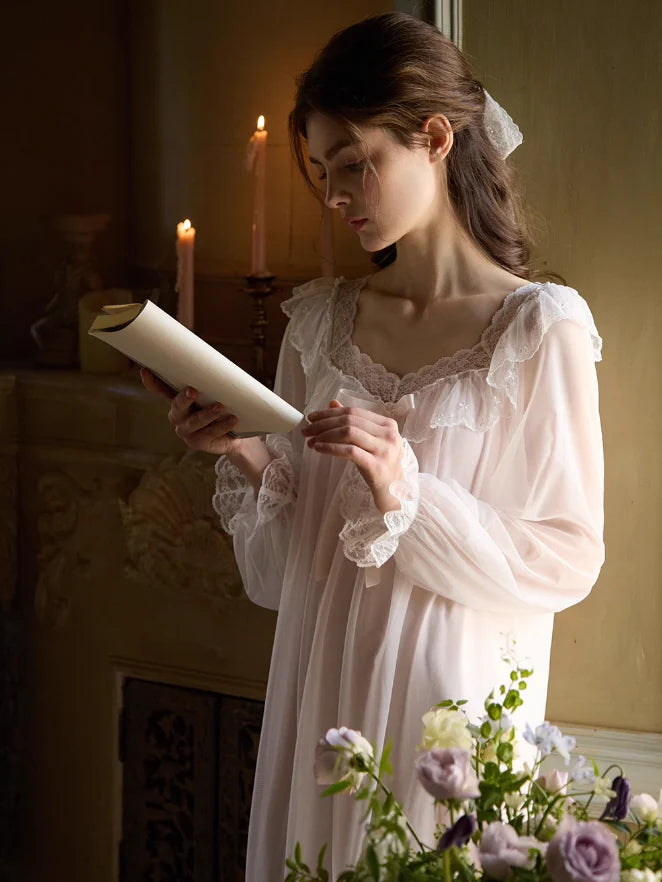 Ethereal Lace-Embroidered Long Nightdress