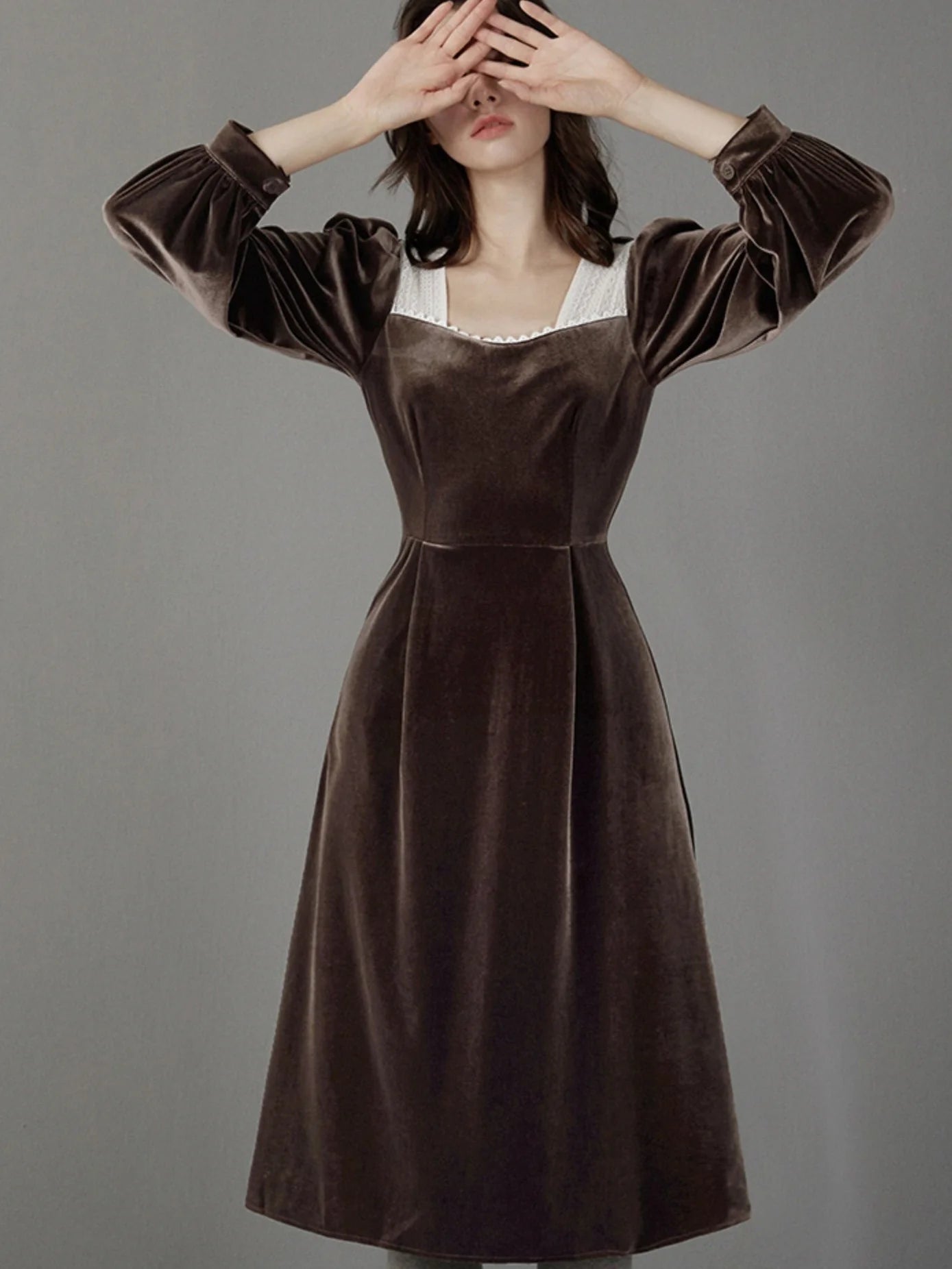 Brown Velvet Puff Sleeve Dress