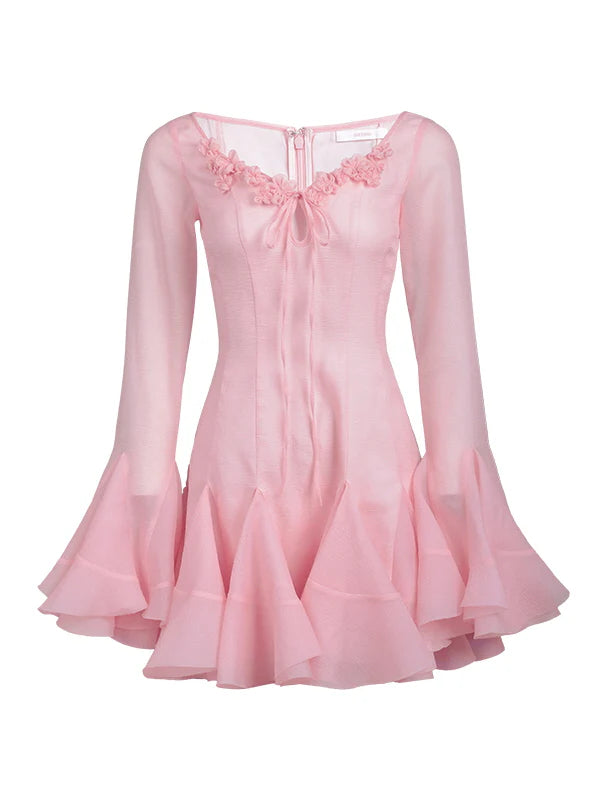 Rosy Flare Sleeve Coquette Dress