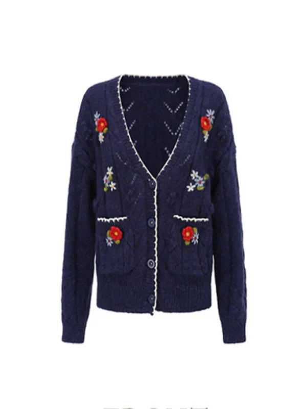 Navy Floral Wool Cardigan