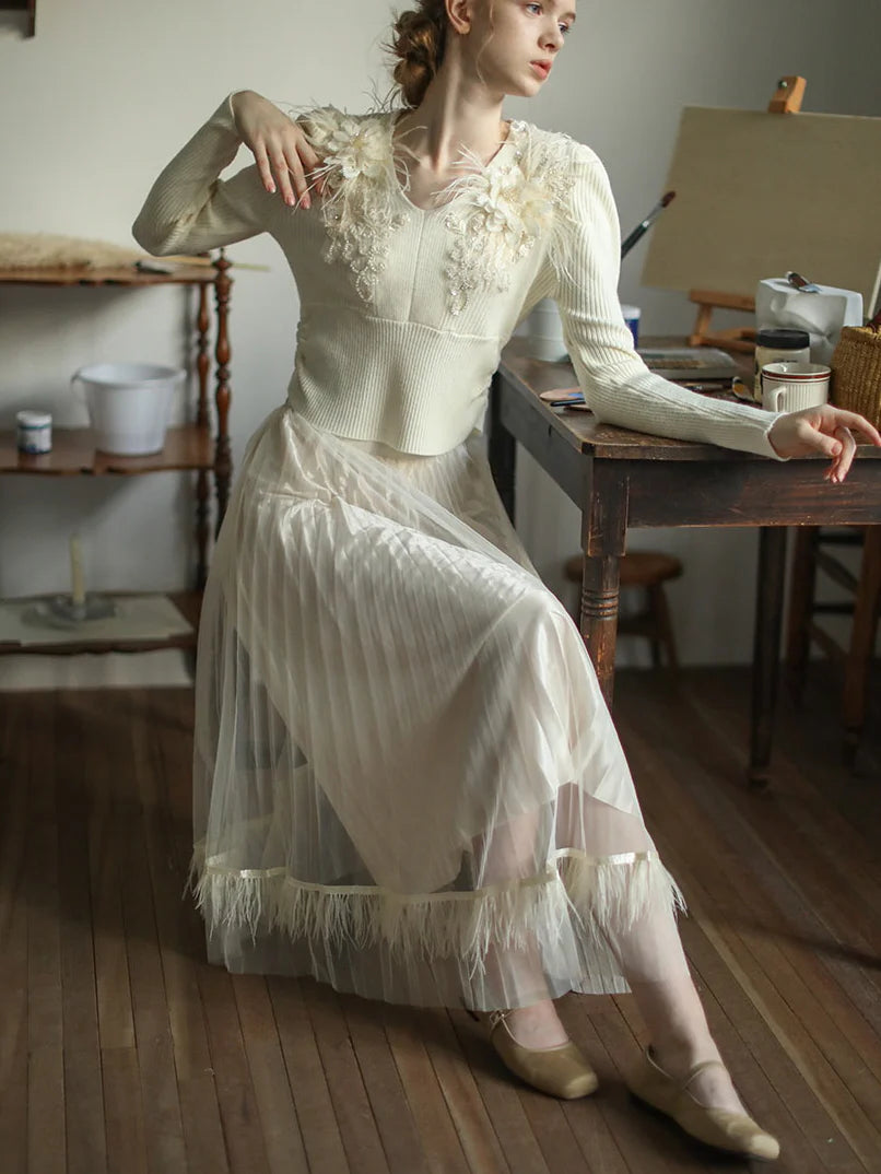 Dreamy Feather-Trim Pleated Skirt