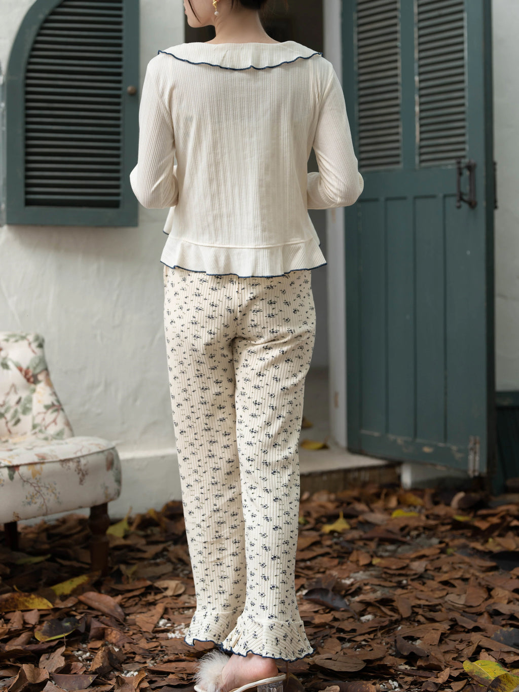 Navy Ribbon Floral Loungewear Set