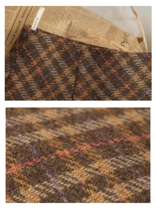 Rustic Plaid Wool Brown Checkered Skirt