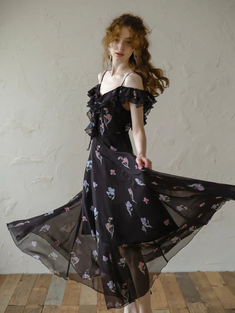 Black Blossom Off-Shoulder Dress