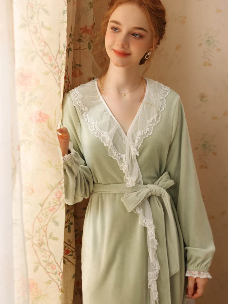 Velvet Lace-Trim Wrap Robe