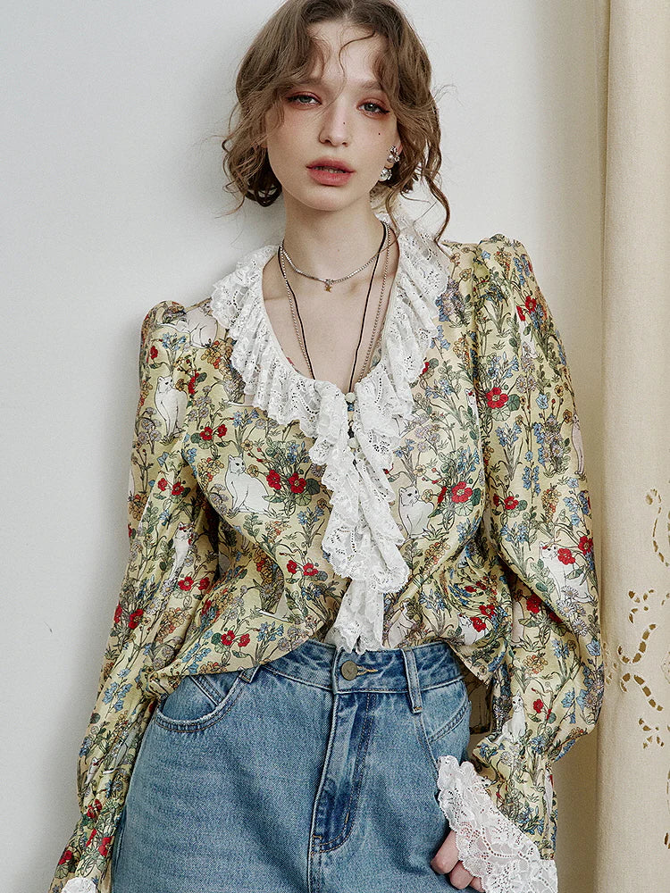 Enchanted Garden Cat Lace Blouse