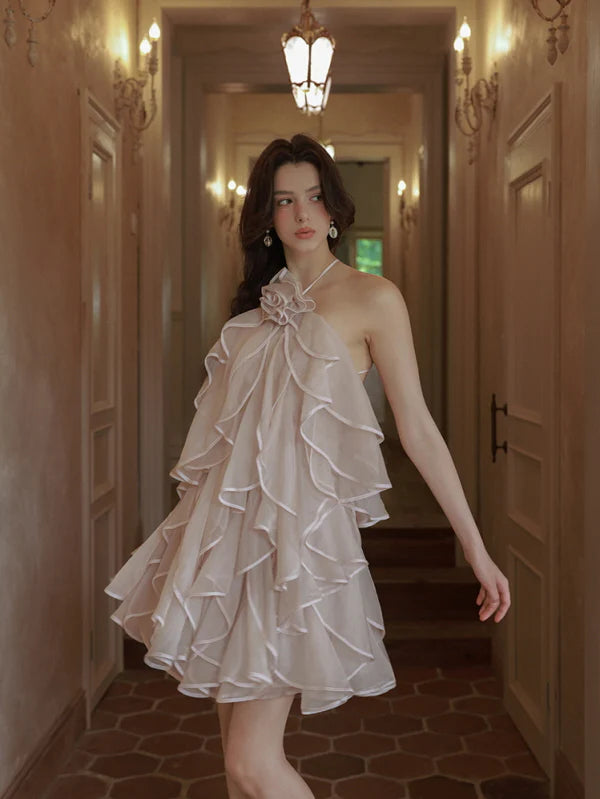 Blush Rose Ruffle Halter Dress