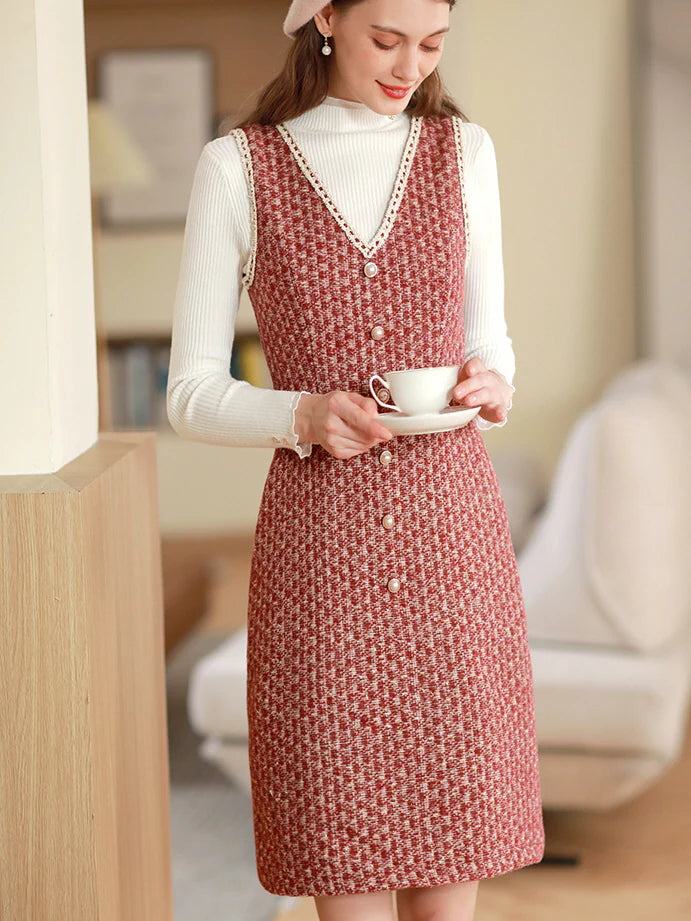 Elegant Red Tweed Pearl Button Dress