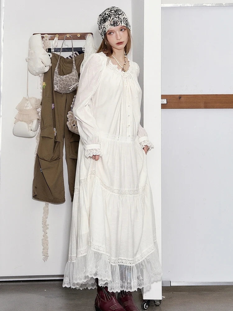 Ethereal Lace Trim Tiered Long Dress