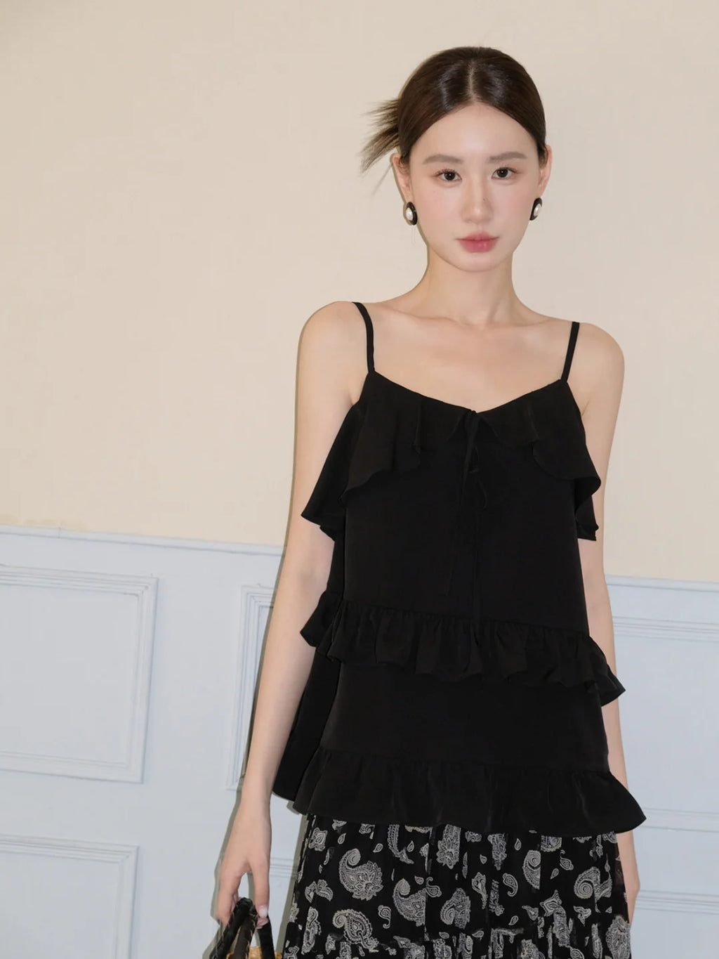 Black Ruffle Camisole & Paisley Maxi Skirt