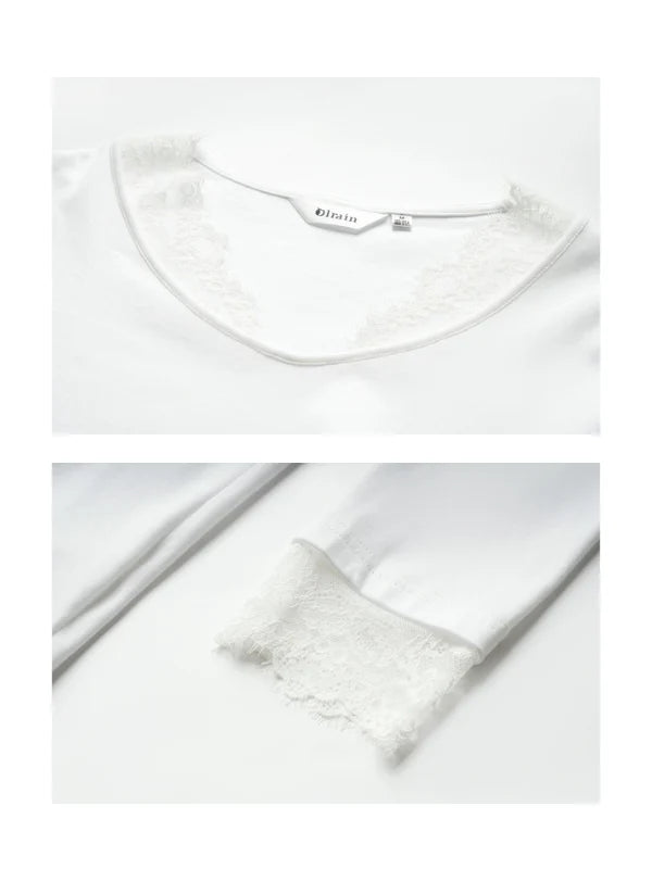 Lace Trim Soft Cotton Long Sleeve Top