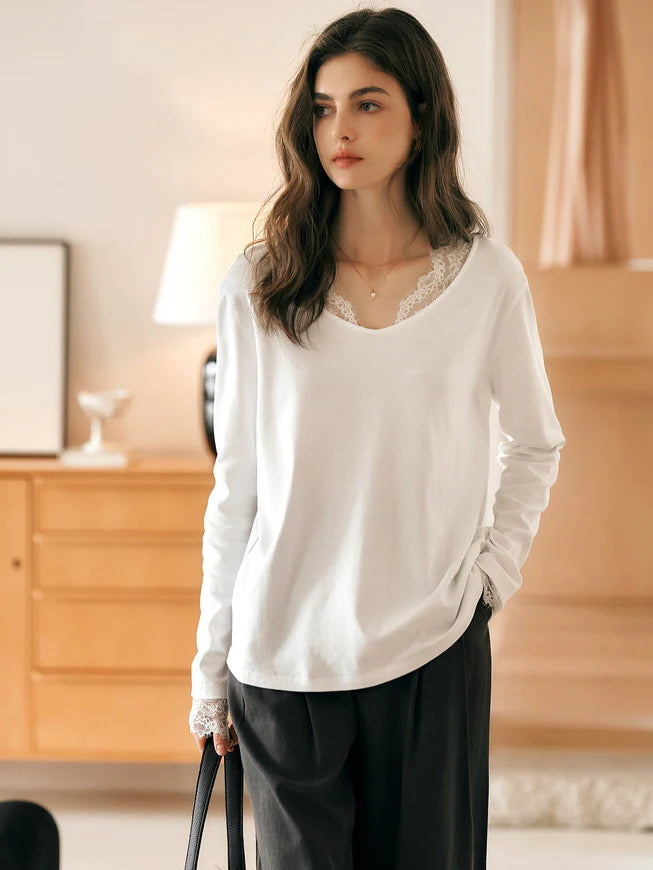 Lace Trim Soft Cotton Long Sleeve Top