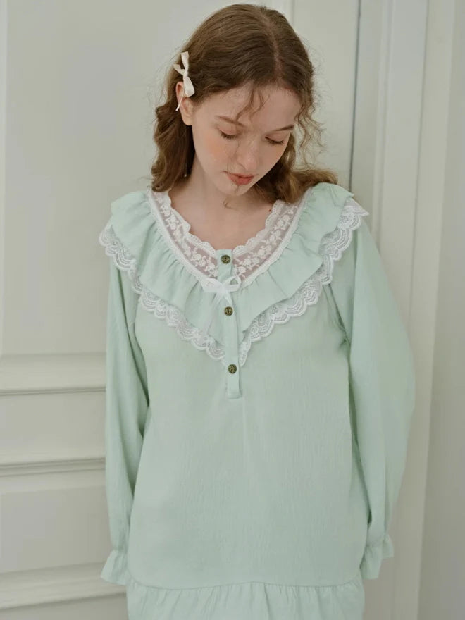 Mint Ruffle Lace Cottagecore Pajama Set