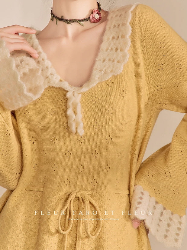 Golden Daydream Crochet Trim Knit Dress