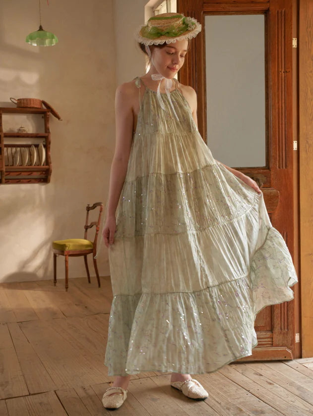 Pastel Green Floral Two-Piece Set – Sheer Cardigan & Tiered Dress