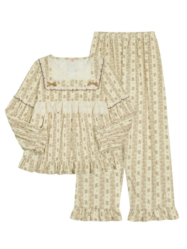 Brown Ribbon Lace Flannel Pajama Set