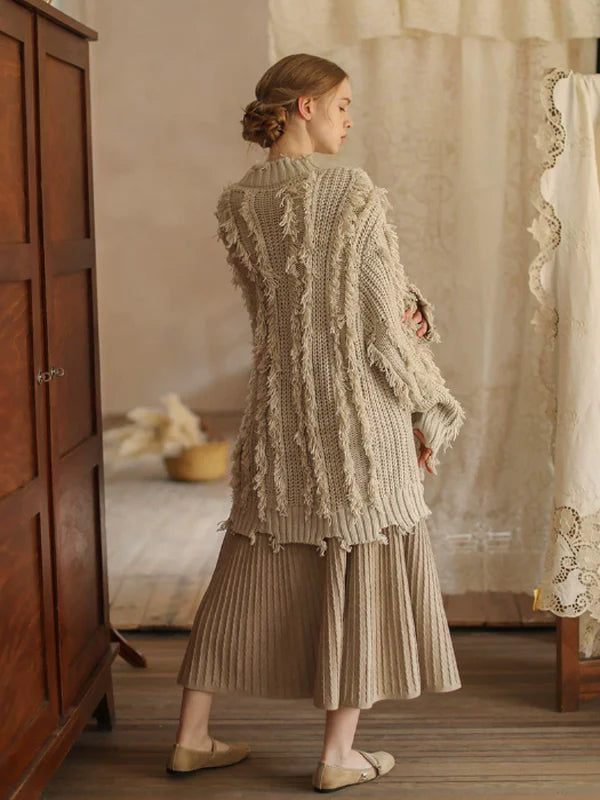 Simple Beige Pleated Wool Skirt
