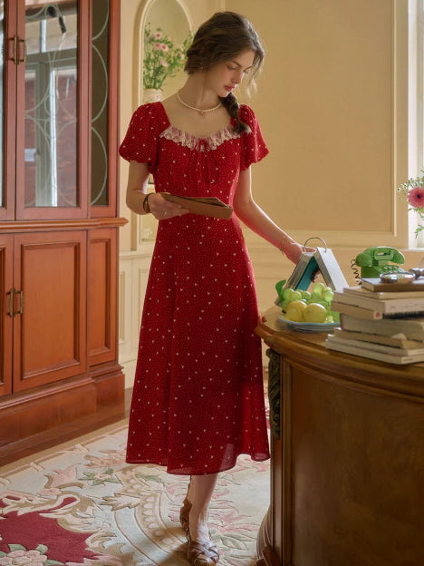 Lace Trim Retro Red Dress with Puff Sleeves