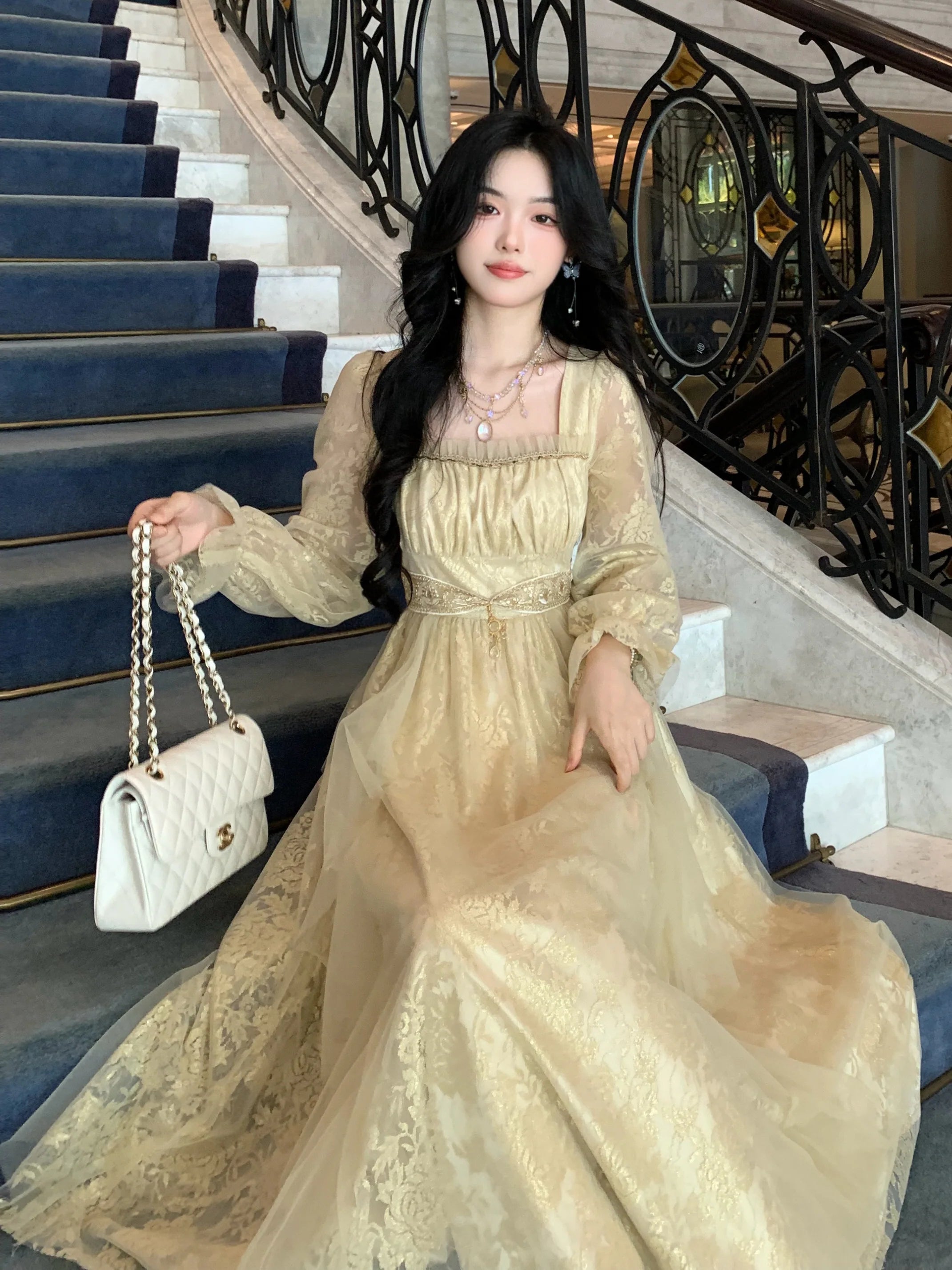 Golden Elegance Vintage Lace Dress