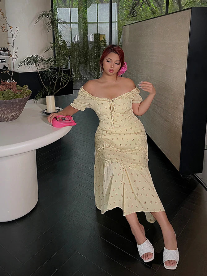 Lemon Blossom Ruffle Midi Dress