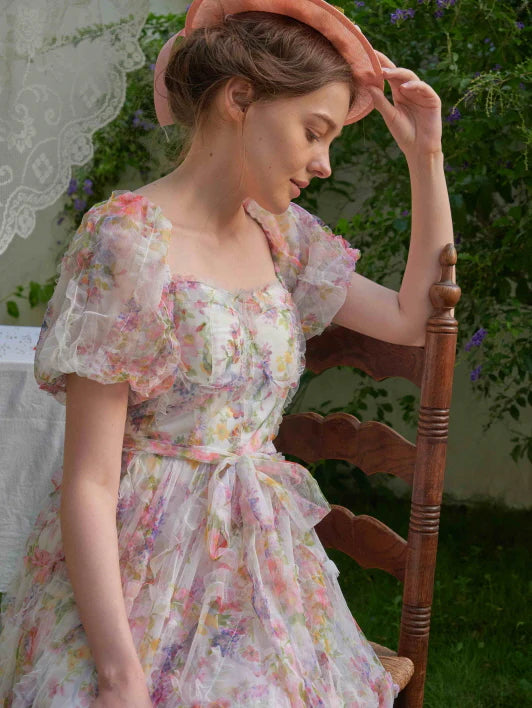 Blossom Whispers Ruffle Floral Puff Sleeve Dress