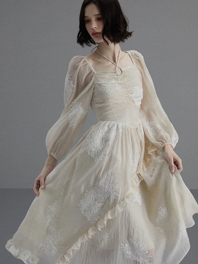 Vintage Embroidered Puff Sleeve Dress