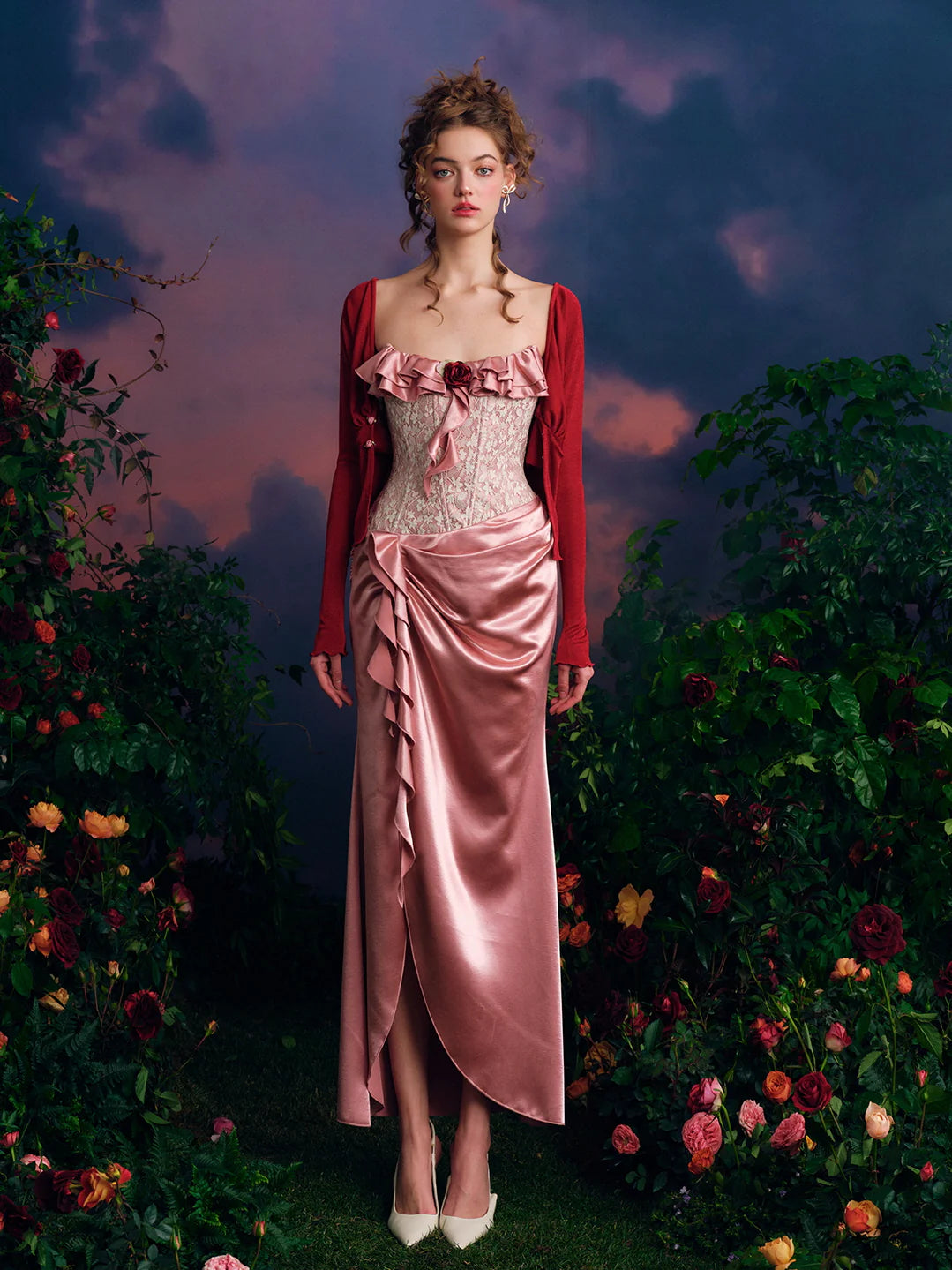 Rosette Corset Satin Rose Gown