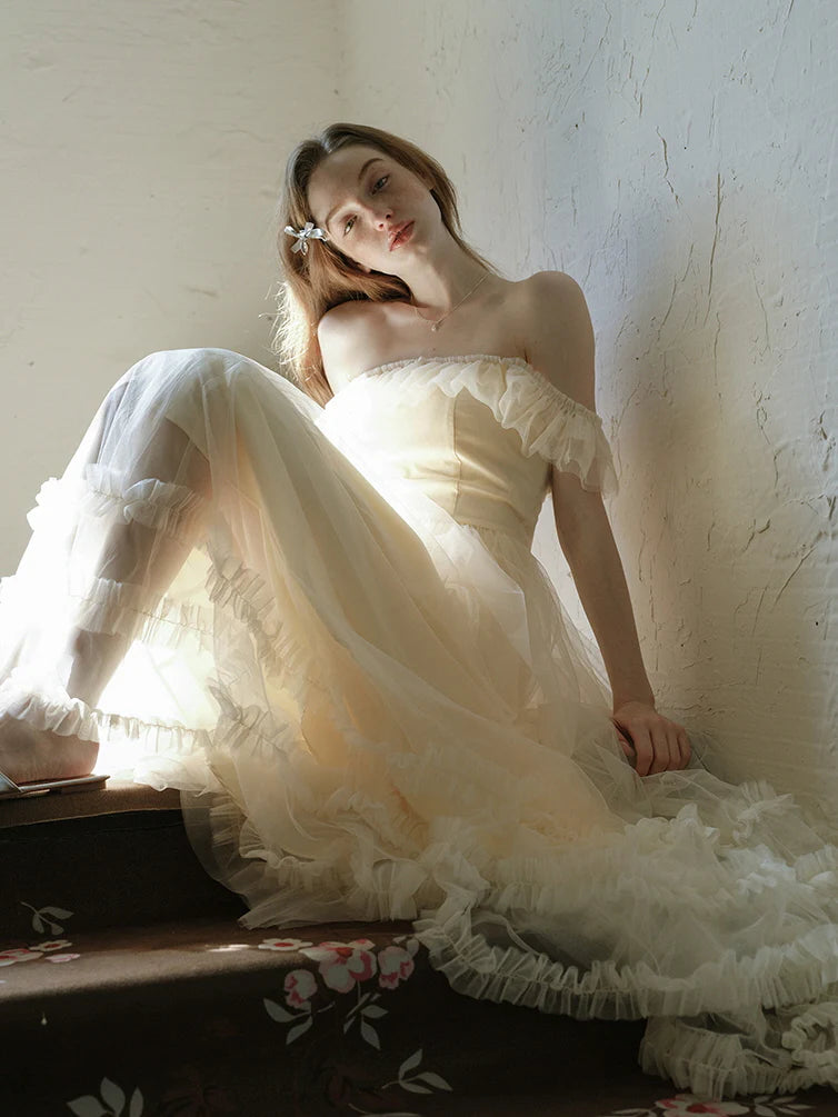 Ivory Tulle Ruffle Off-Shoulder Dress