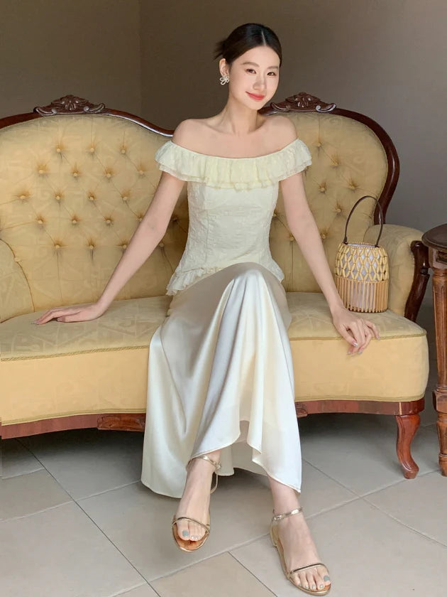 Ivory Ruffle Top & Satin Flare Skirt