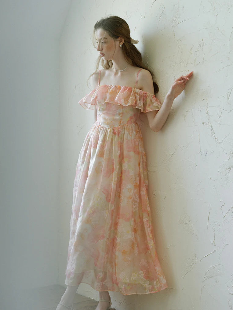 Peach Blossom Off-Shoulder Ruffle Dress