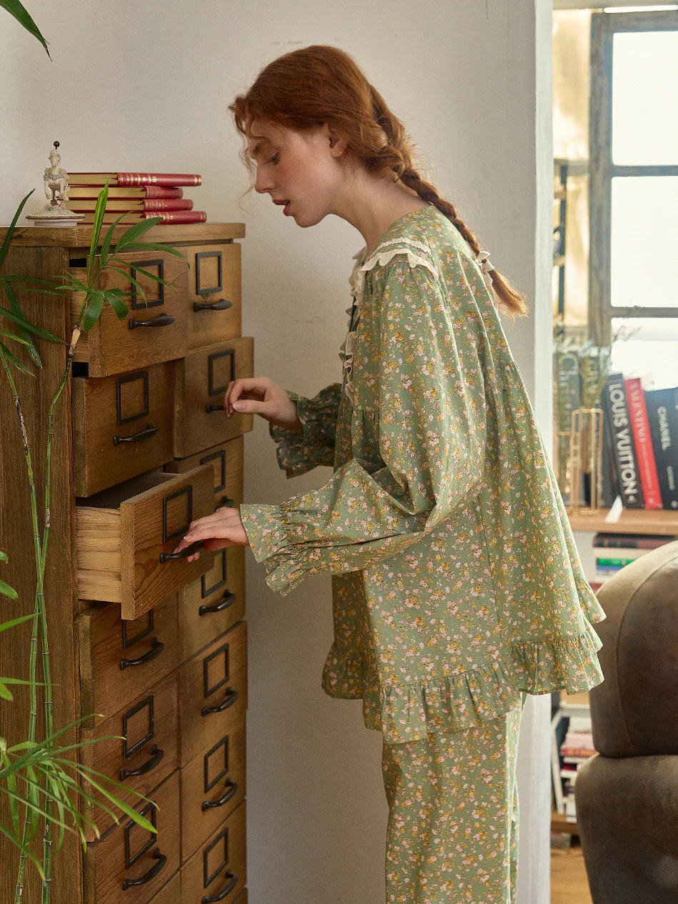 Green Floral Lace Trim Pajama Set