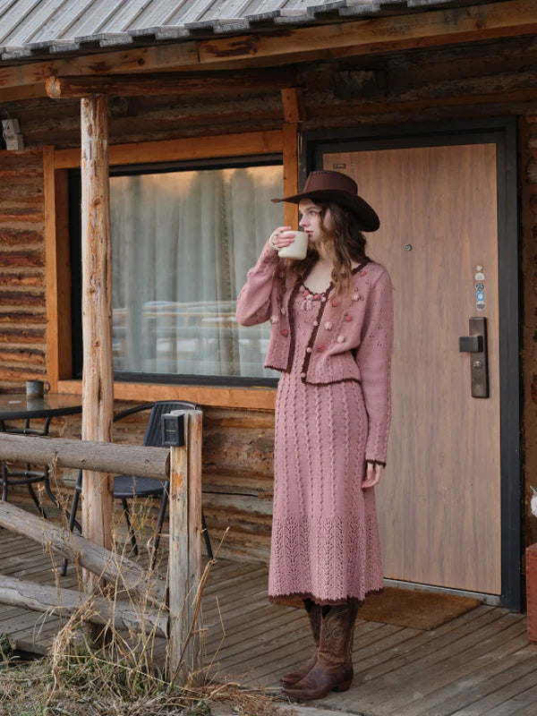 Vintage Floral Wave Wool Knit Cardigan　