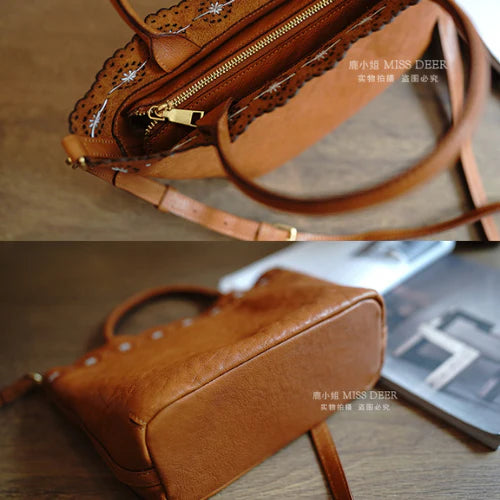 Scalloped Edge Genuine Leather Tote Bag