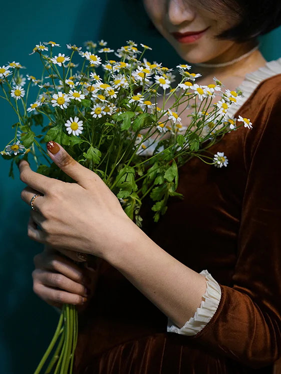 Ruffled Trim Royal Orange Velvet Vintage Dress