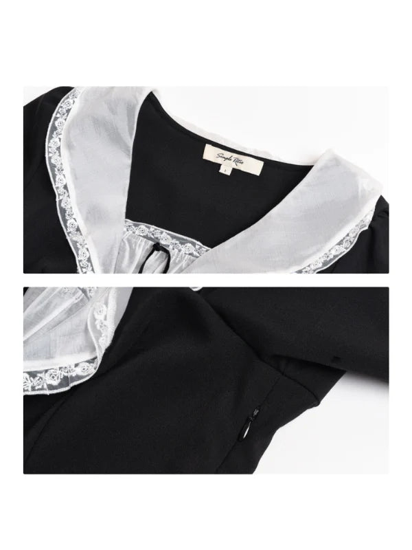 Lace Collar Pleated Black Dress