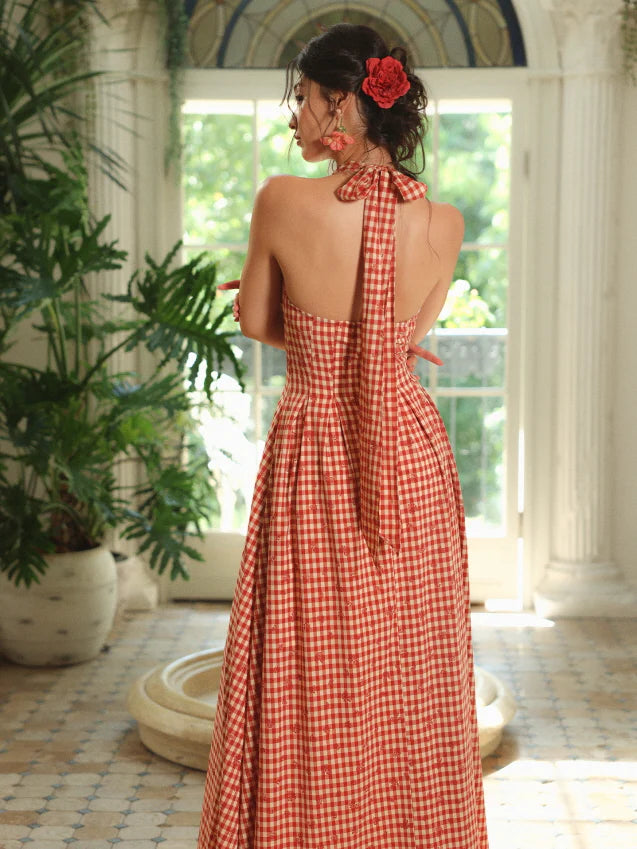 Romantic Gingham Red Check Halter Dress