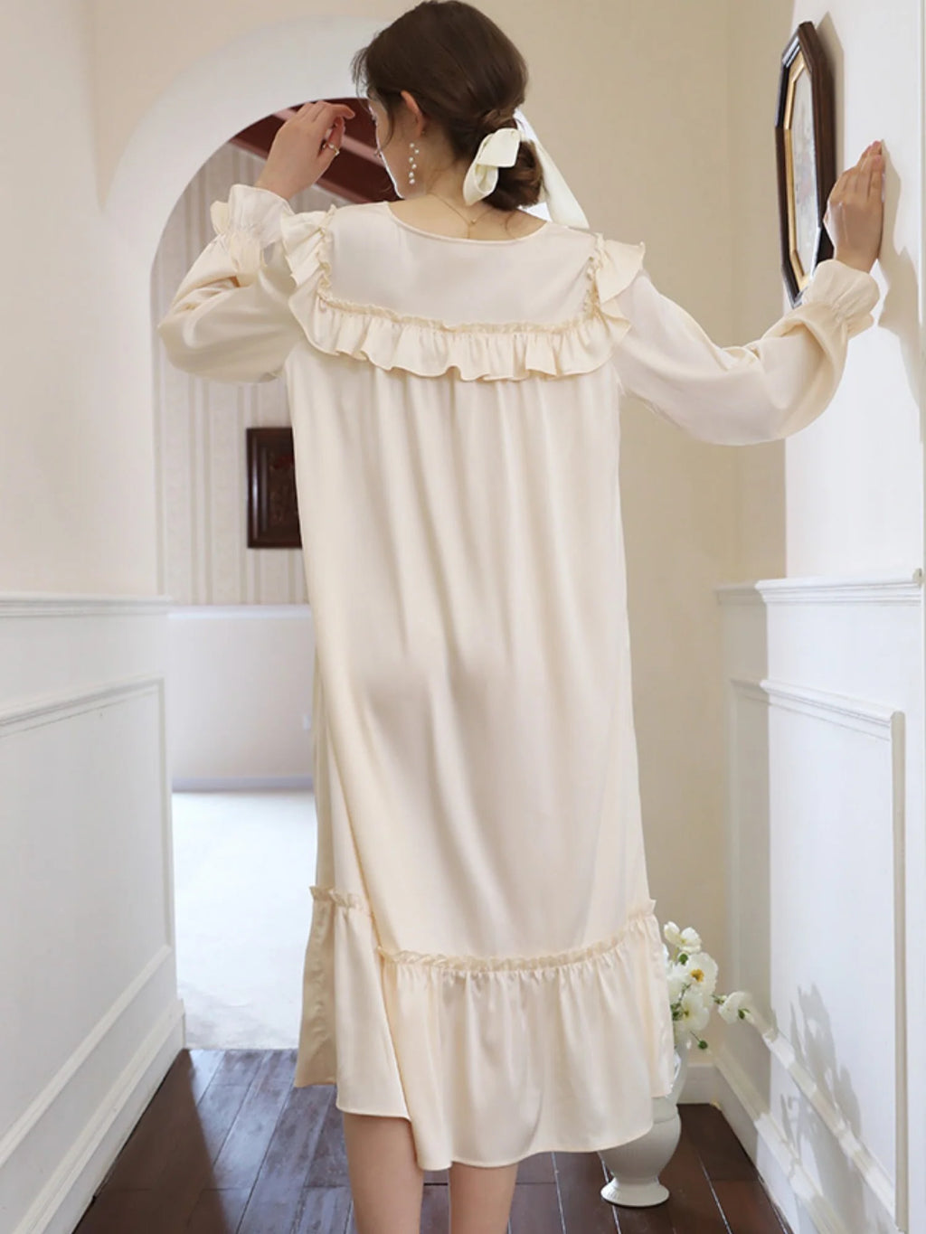 Vintage-Inspired Cream Ruffle  Nightgown