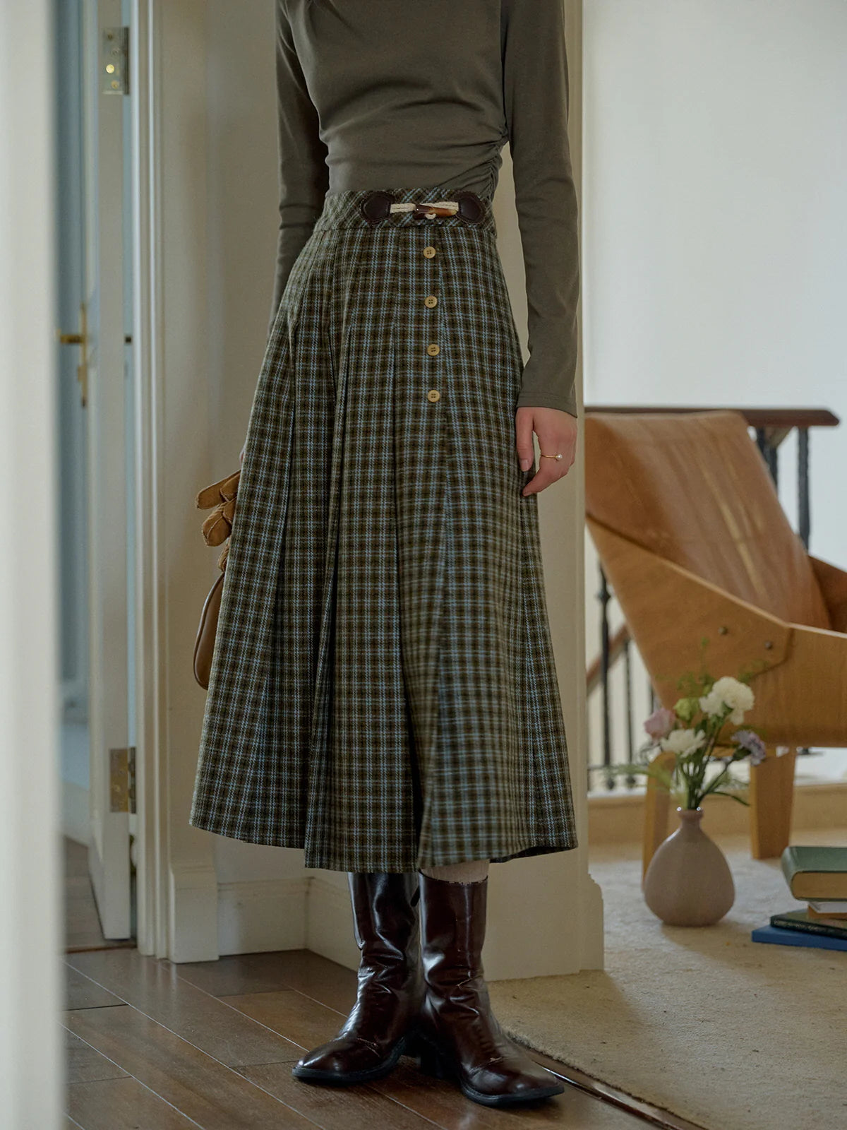 Timeless Plaid Wool Midi Skirt