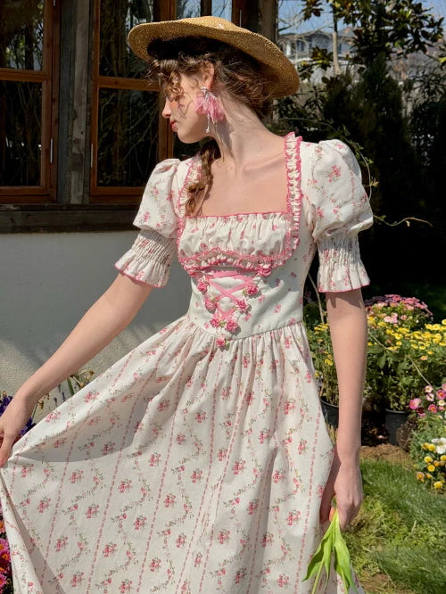 Strawberry Bloom Lace-Up Dress