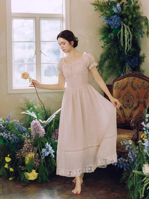 Blush Pearl‑Detail Lace Trim Dress