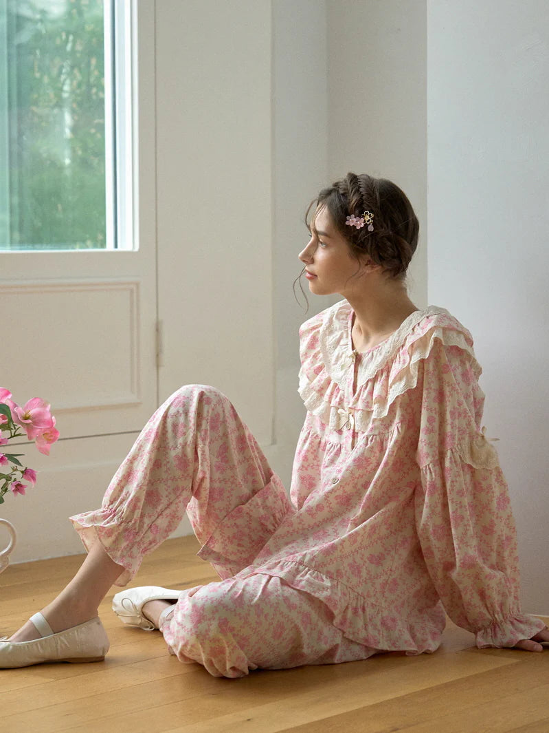 Pink Floral Lace Ruffle Loungewear Set