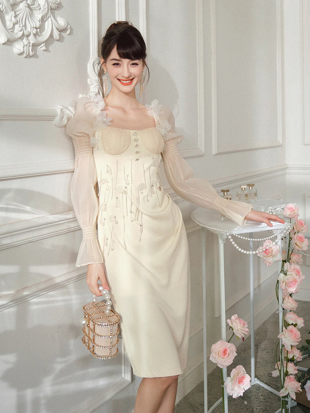 Whimsical Elegance Beaded Ivory Dress