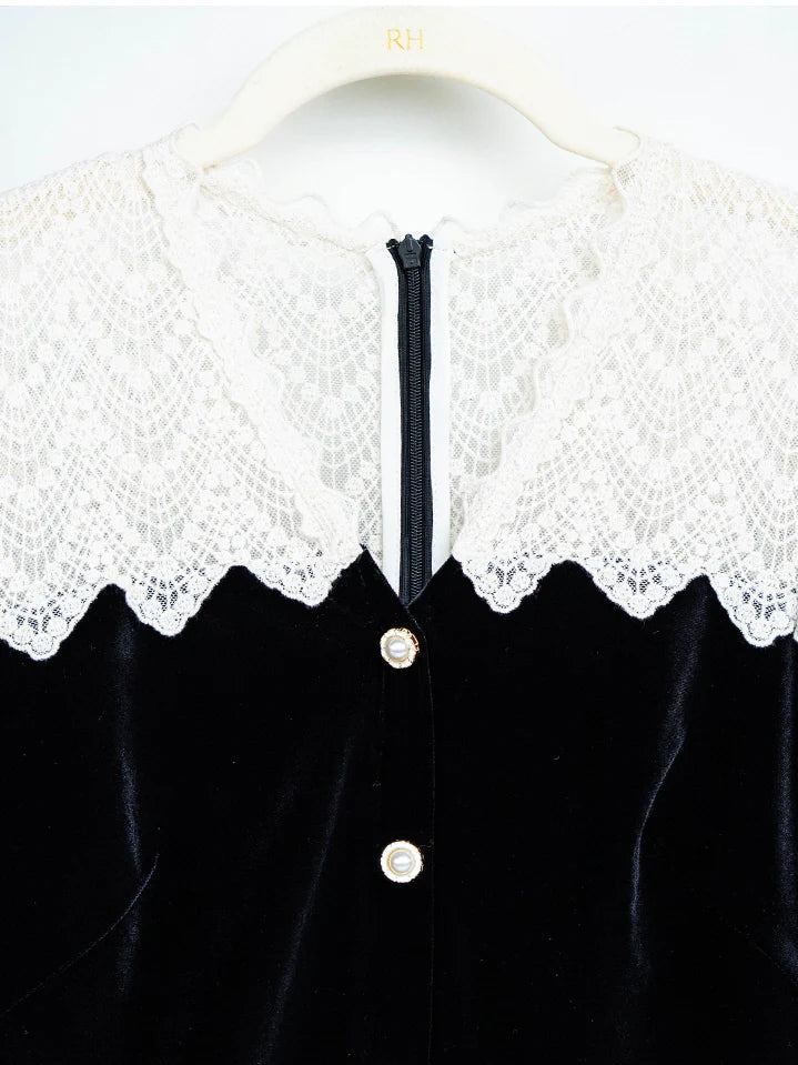 Velvet Lace Collar Vintage Black Dress