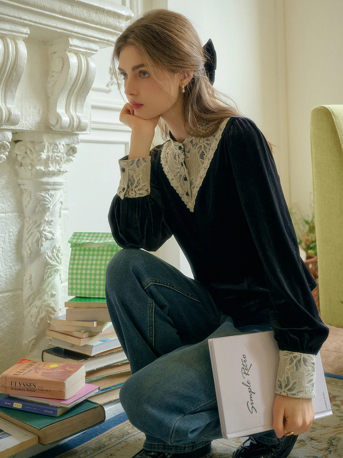 Victorian Lace Trim Black Velvet Blouse