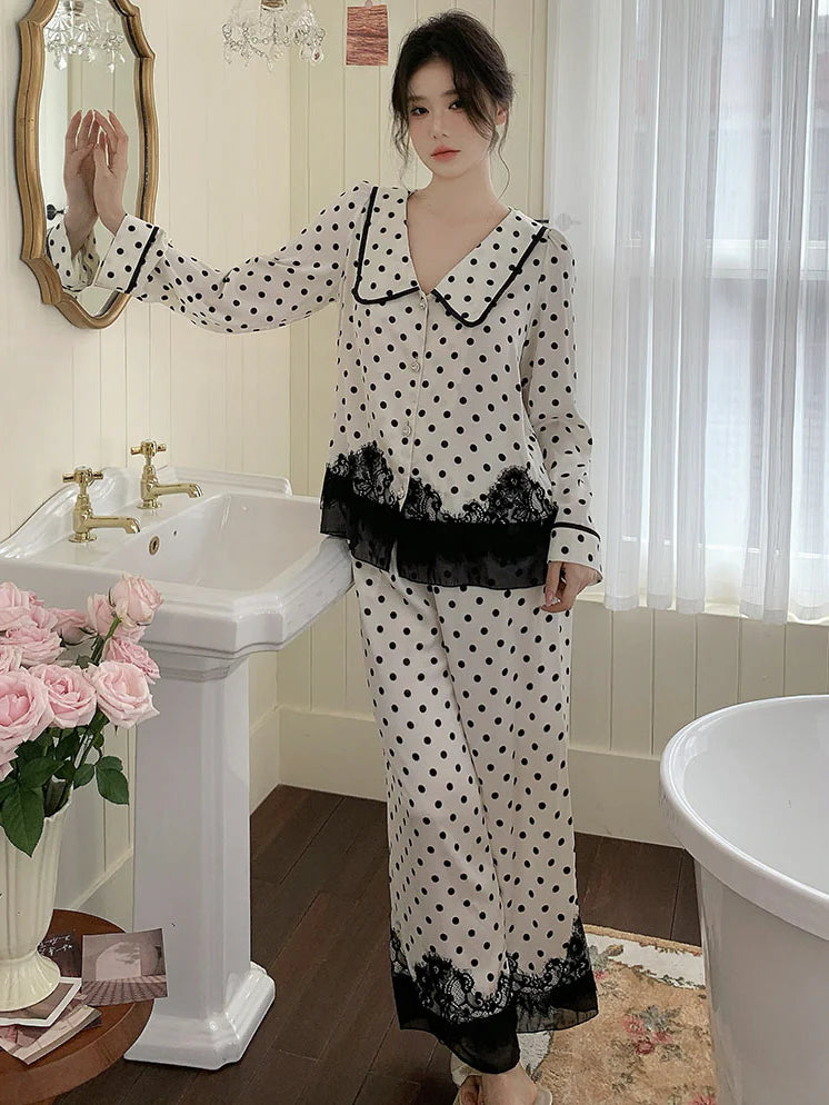 Polka Dot Lace-Trim Pajama Set