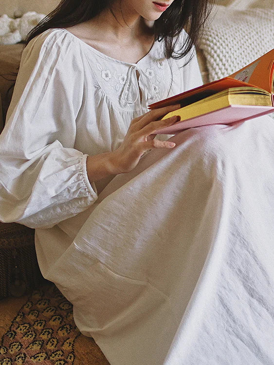 Blossom Embroidery White Cotton Nightgown
