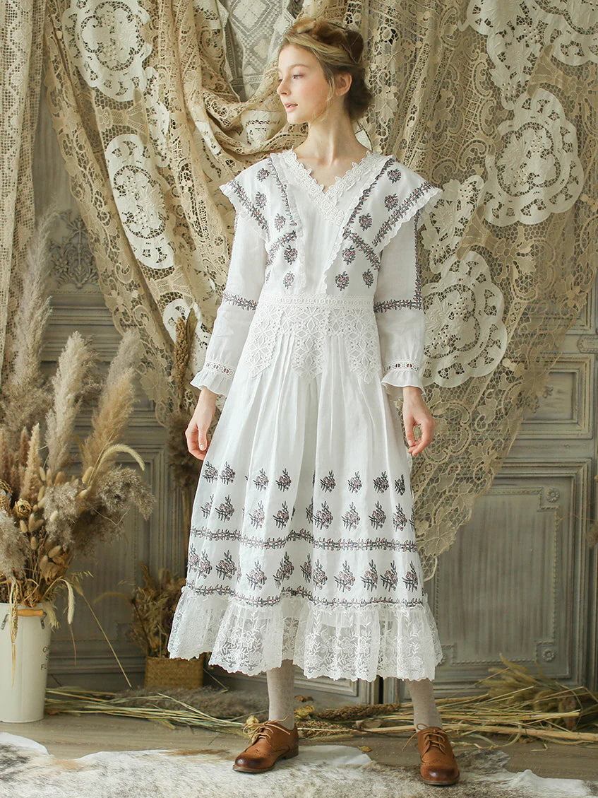 Victorian Floral Embroidered White Dress