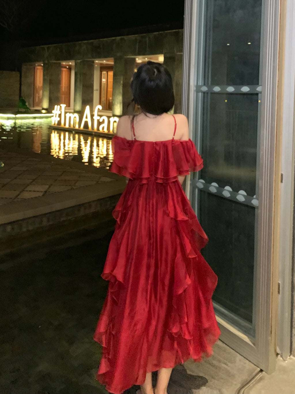 Scarlet Ruffle Off-Shoulder Chiffon Dress