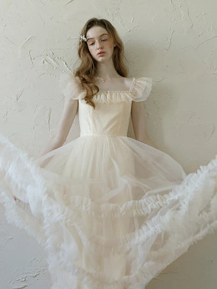 Ivory Tulle Ruffle Off-Shoulder Dress